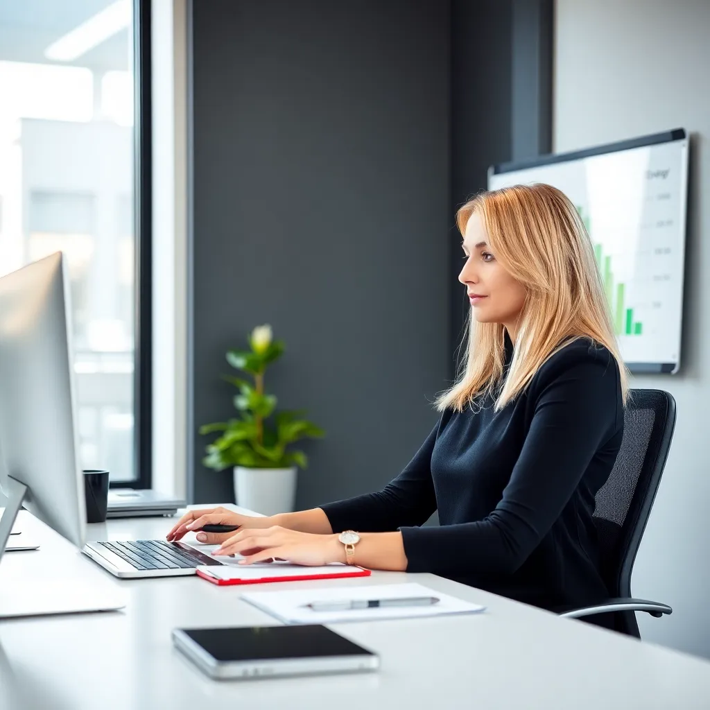 Professionele vrouw werkt aan bureau met energiecurve visualisatie