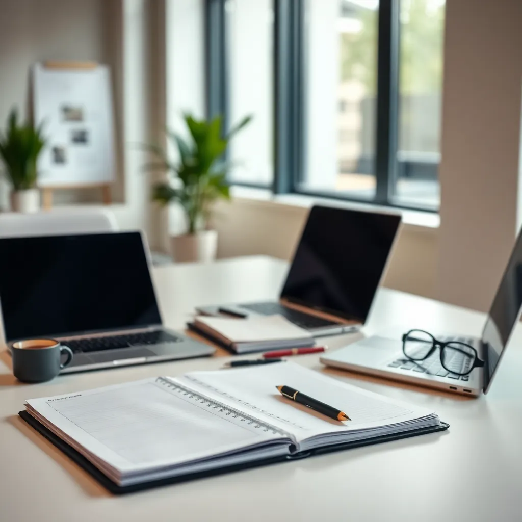 Professionele werkruimte met agenda, laptop en tijdsbeheertools